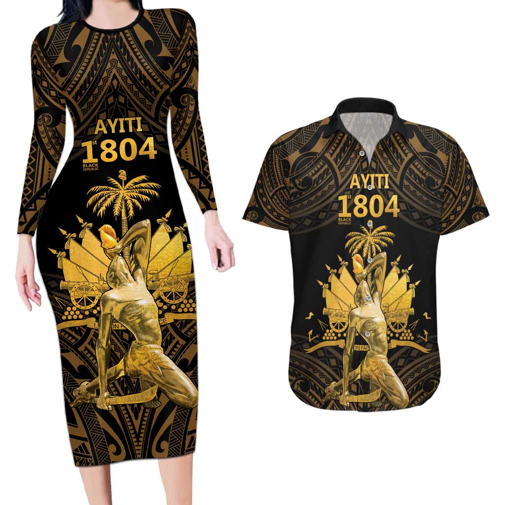 Haitian Negre Marron 1804 Couples Matching Long Sleeve Bodycon Dress and Hawaiian Shirt Gold Polynesian Pattern