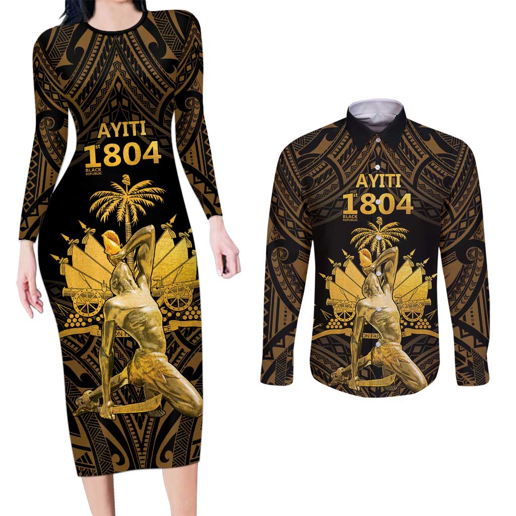 Haitian Negre Marron 1804 Couples Matching Long Sleeve Bodycon Dress and Long Sleeve Button Shirt Gold Polynesian Pattern