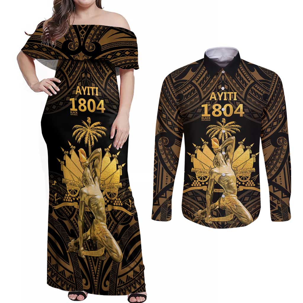 Haitian Negre Marron 1804 Couples Matching Off Shoulder Maxi Dress and Long Sleeve Button Shirt Gold Polynesian Pattern
