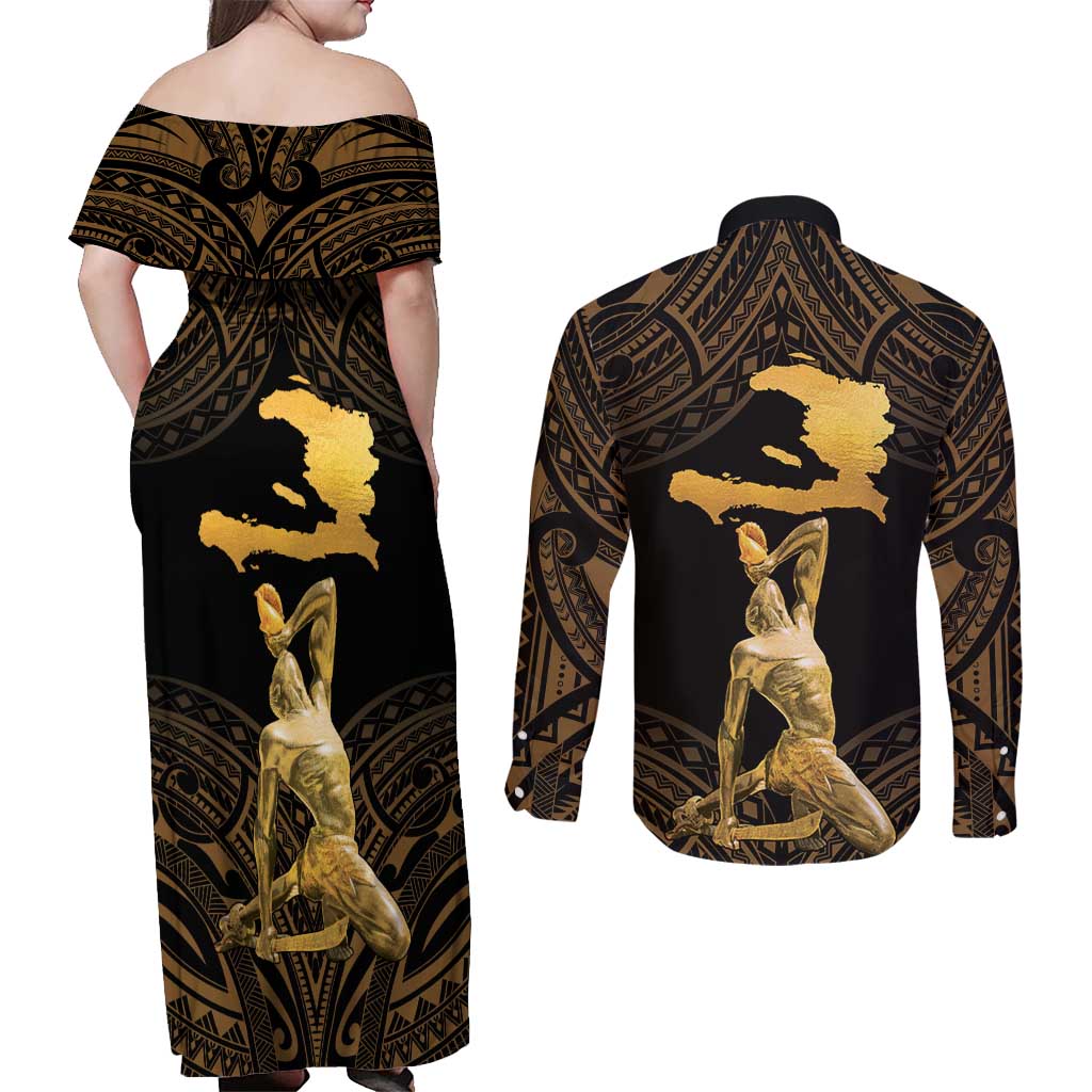 Haitian Negre Marron 1804 Couples Matching Off Shoulder Maxi Dress and Long Sleeve Button Shirt Gold Polynesian Pattern