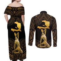 Haitian Negre Marron 1804 Couples Matching Off Shoulder Maxi Dress and Long Sleeve Button Shirt Gold Polynesian Pattern
