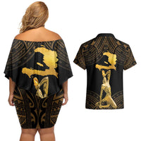 Haitian Negre Marron 1804 Couples Matching Off Shoulder Short Dress and Hawaiian Shirt Gold Polynesian Pattern