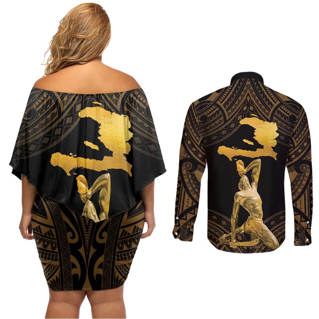 Haitian Negre Marron 1804 Couples Matching Off Shoulder Short Dress and Long Sleeve Button Shirt Gold Polynesian Pattern