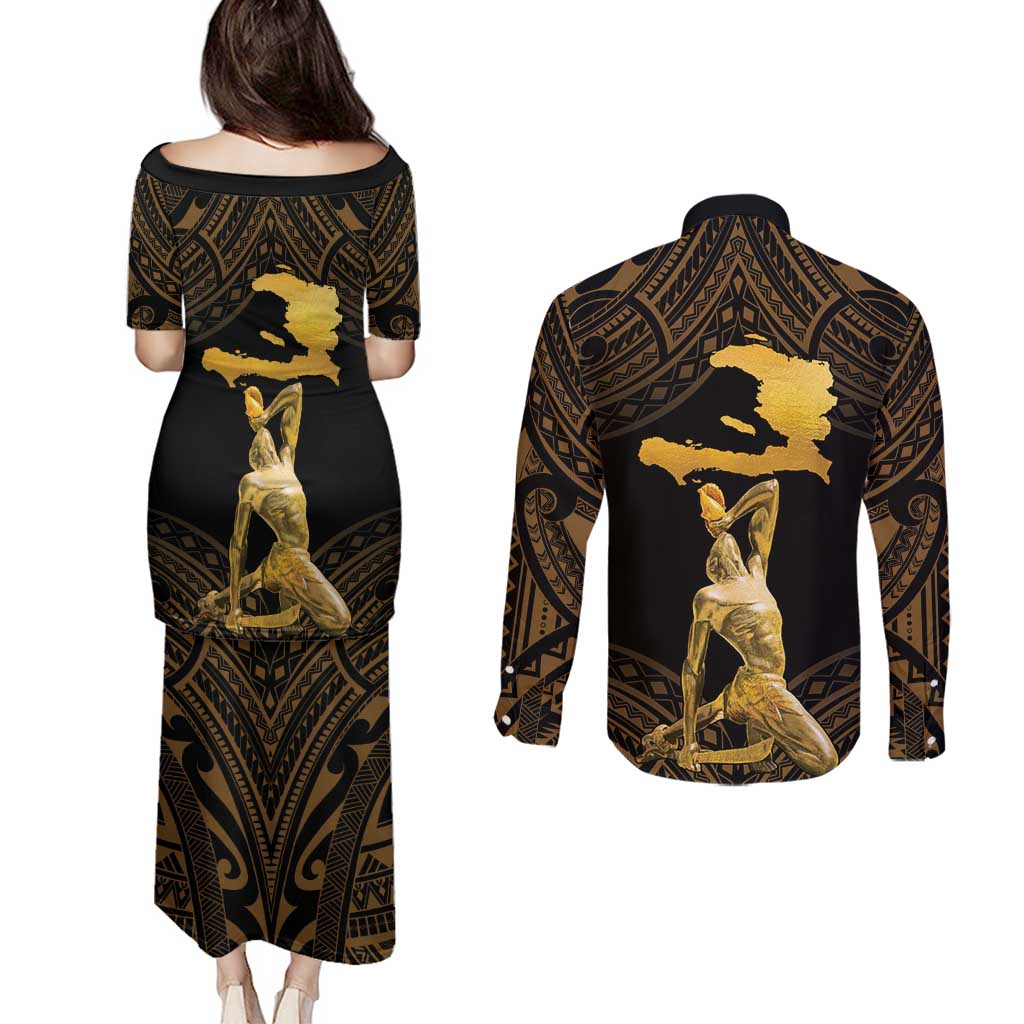Haitian Negre Marron 1804 Couples Matching Puletasi and Long Sleeve Button Shirt Gold Polynesian Pattern