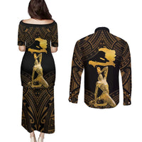 Haitian Negre Marron 1804 Couples Matching Puletasi and Long Sleeve Button Shirt Gold Polynesian Pattern
