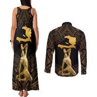 Haitian Negre Marron 1804 Couples Matching Tank Maxi Dress and Long Sleeve Button Shirt Gold Polynesian Pattern