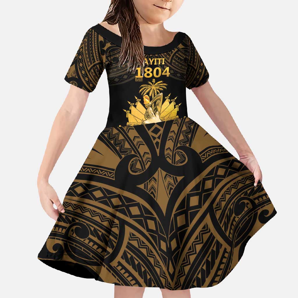 Haitian Negre Marron 1804 Family Matching Mermaid Dress and Hawaiian Shirt Gold Polynesian Pattern LT9 Daughter's Dress Gold - Polynesian Pride