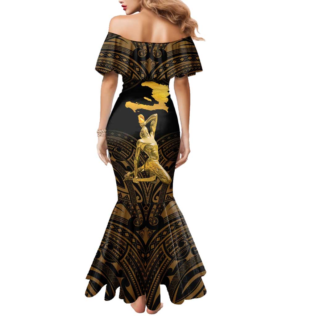 Haitian Negre Marron 1804 Family Matching Mermaid Dress and Hawaiian Shirt Gold Polynesian Pattern LT9 - Polynesian Pride
