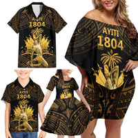 Haitian Negre Marron 1804 Family Matching Off Shoulder Short Dress and Hawaiian Shirt Gold Polynesian Pattern LT9 - Polynesian Pride