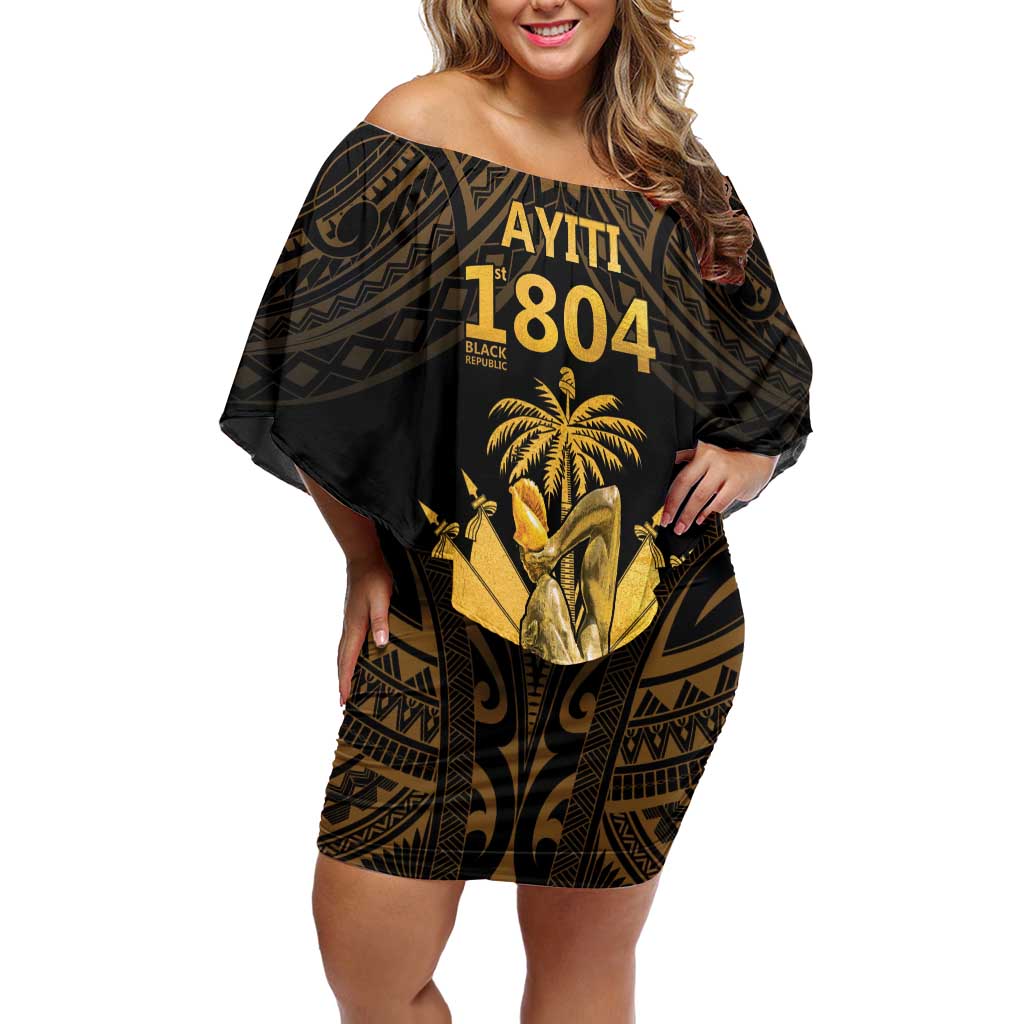 Haitian Negre Marron 1804 Family Matching Off Shoulder Short Dress and Hawaiian Shirt Gold Polynesian Pattern LT9 Mom's Dress Gold - Polynesian Pride