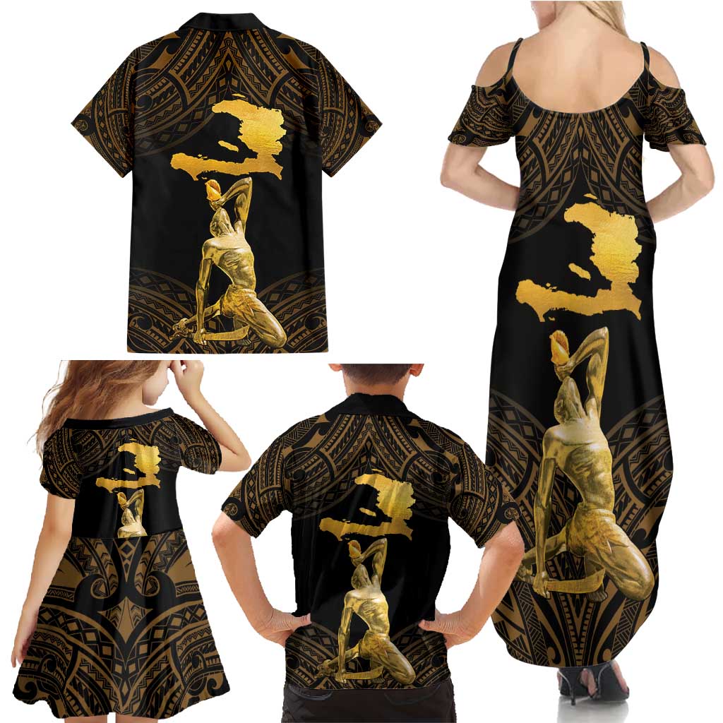 Haitian Negre Marron 1804 Family Matching Summer Maxi Dress and Hawaiian Shirt Gold Polynesian Pattern LT9 - Polynesian Pride