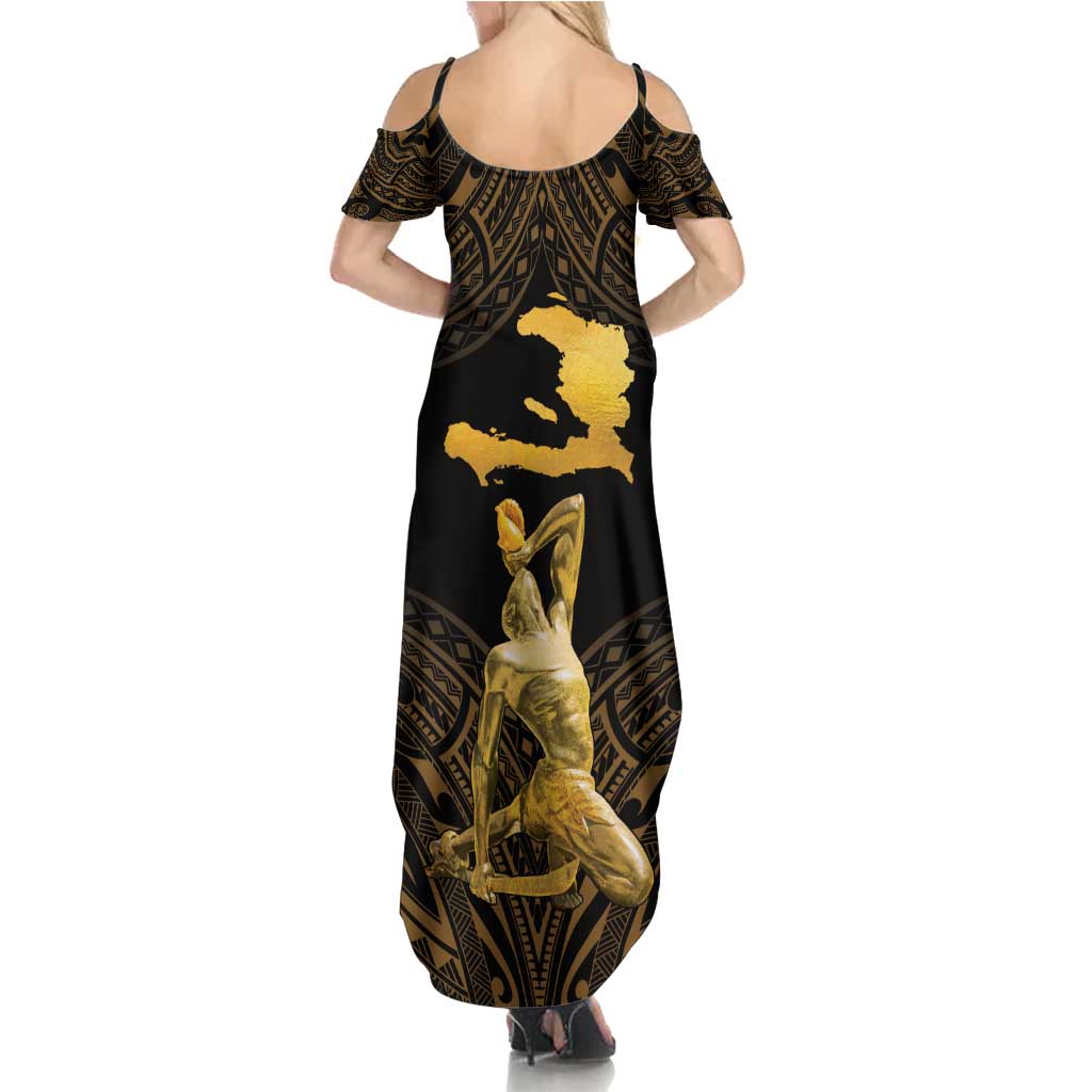 Haitian Negre Marron 1804 Family Matching Summer Maxi Dress and Hawaiian Shirt Gold Polynesian Pattern LT9 - Polynesian Pride