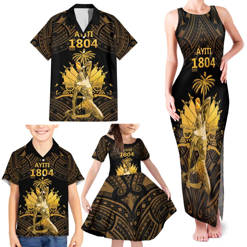 Haitian Negre Marron 1804 Family Matching Tank Maxi Dress and Hawaiian Shirt Gold Polynesian Pattern LT9 - Polynesian Pride