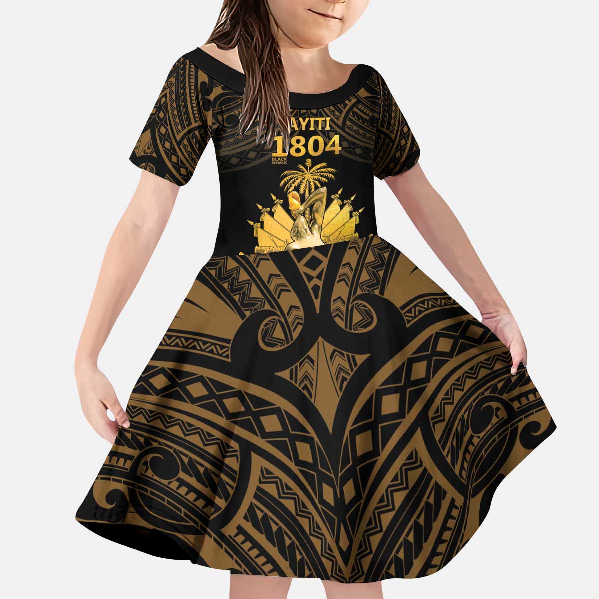 Haitian Negre Marron 1804 Kid Short Sleeve Dress Gold Polynesian Pattern LT9 KID Gold - Polynesian Pride