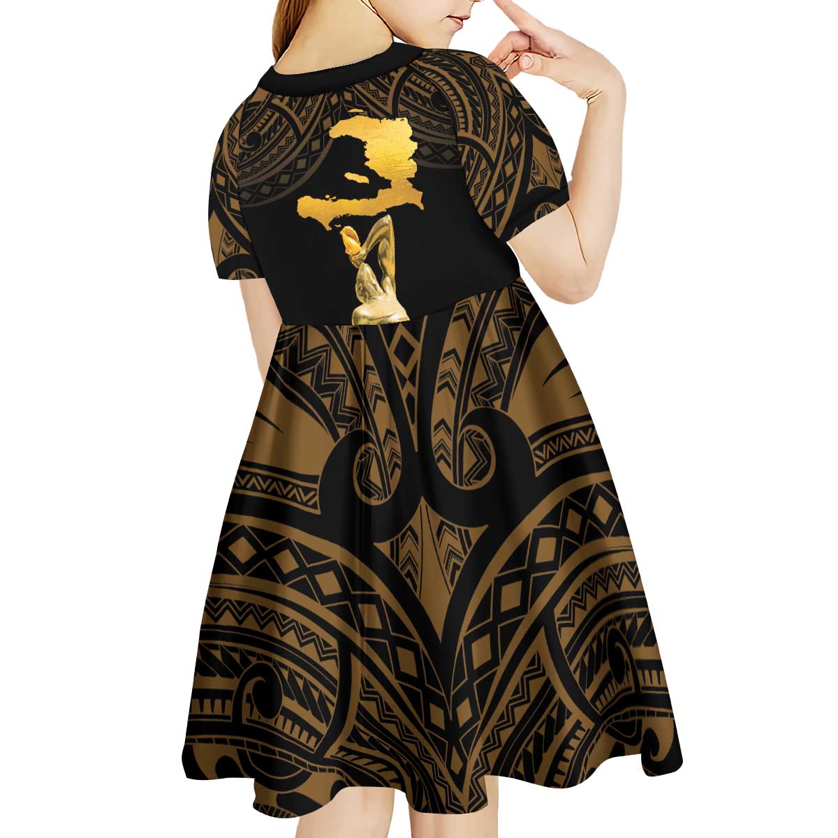 Haitian Negre Marron 1804 Kid Short Sleeve Dress Gold Polynesian Pattern LT9 - Polynesian Pride