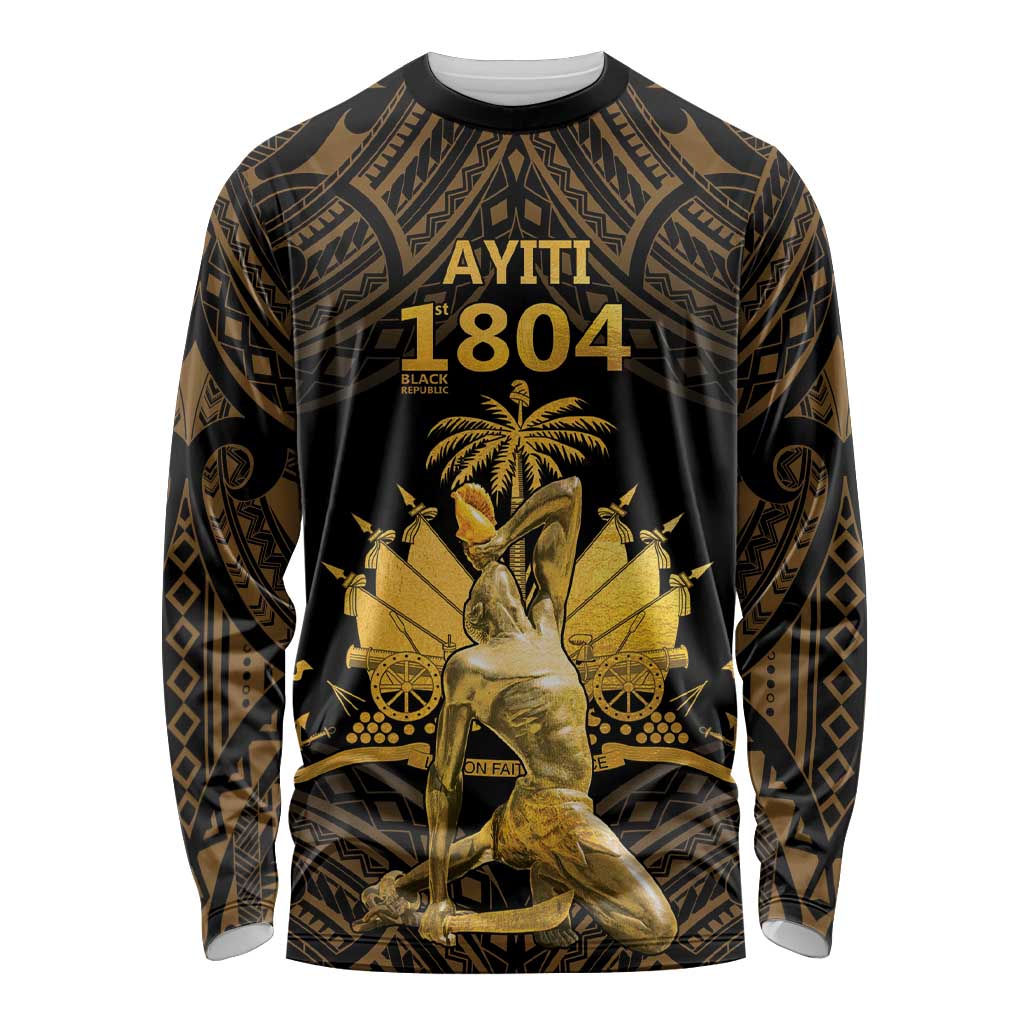 Haitian Negre Marron 1804 Long Sleeve Shirt Gold Polynesian Pattern