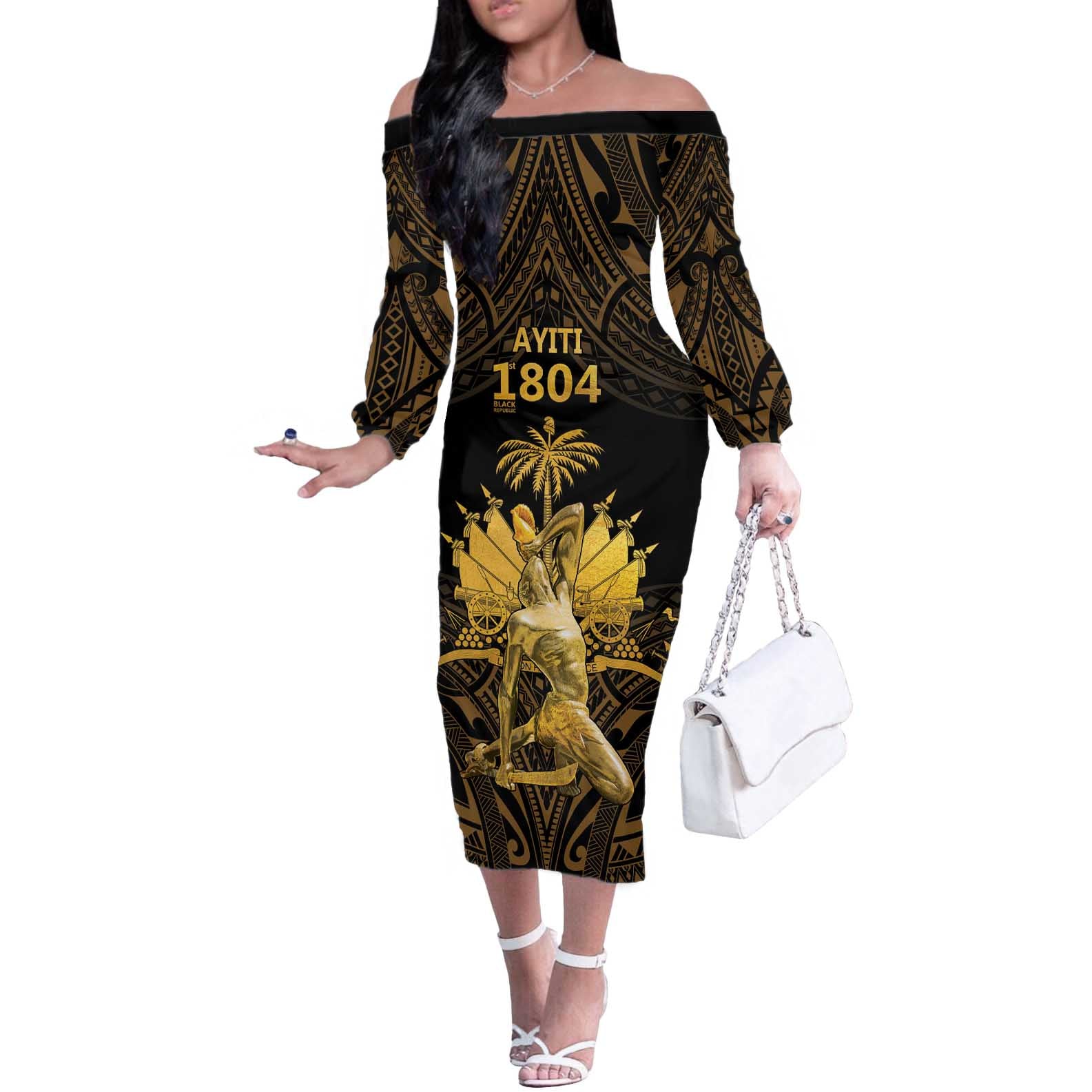 Haitian Negre Marron 1804 Off The Shoulder Long Sleeve Dress Gold Polynesian Pattern