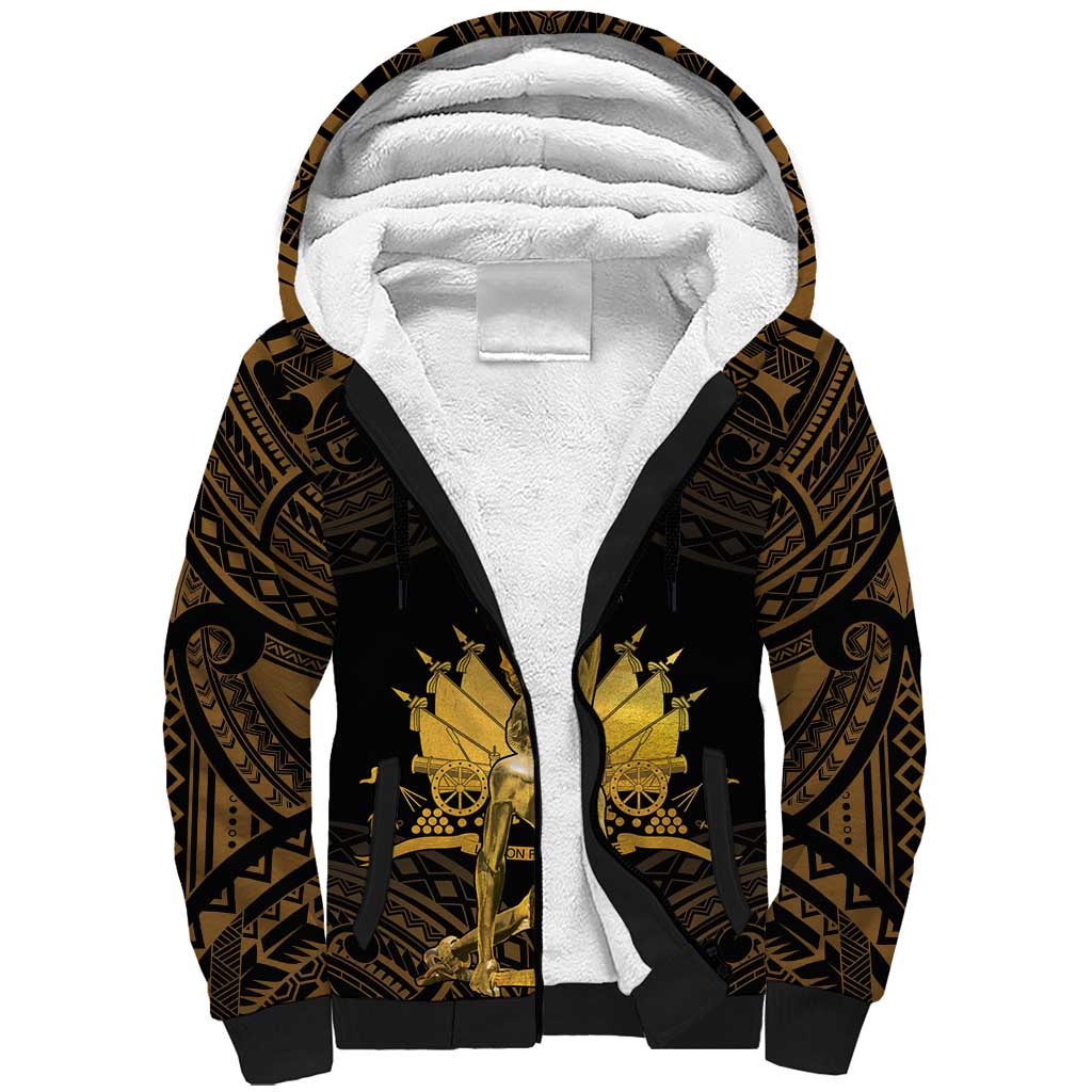 Haitian Negre Marron 1804 Sherpa Hoodie Gold Polynesian Pattern