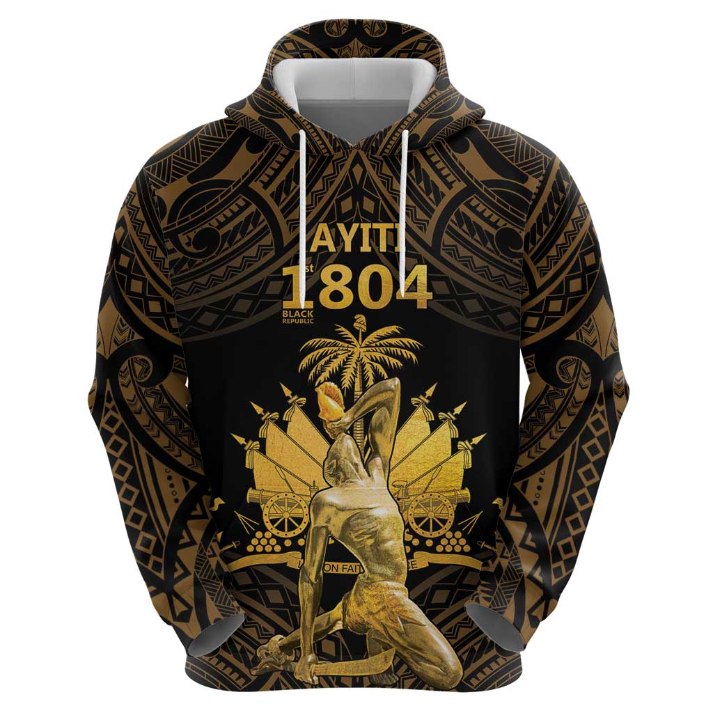 Haitian Negre Marron 1804 Zip Hoodie Gold Polynesian Pattern