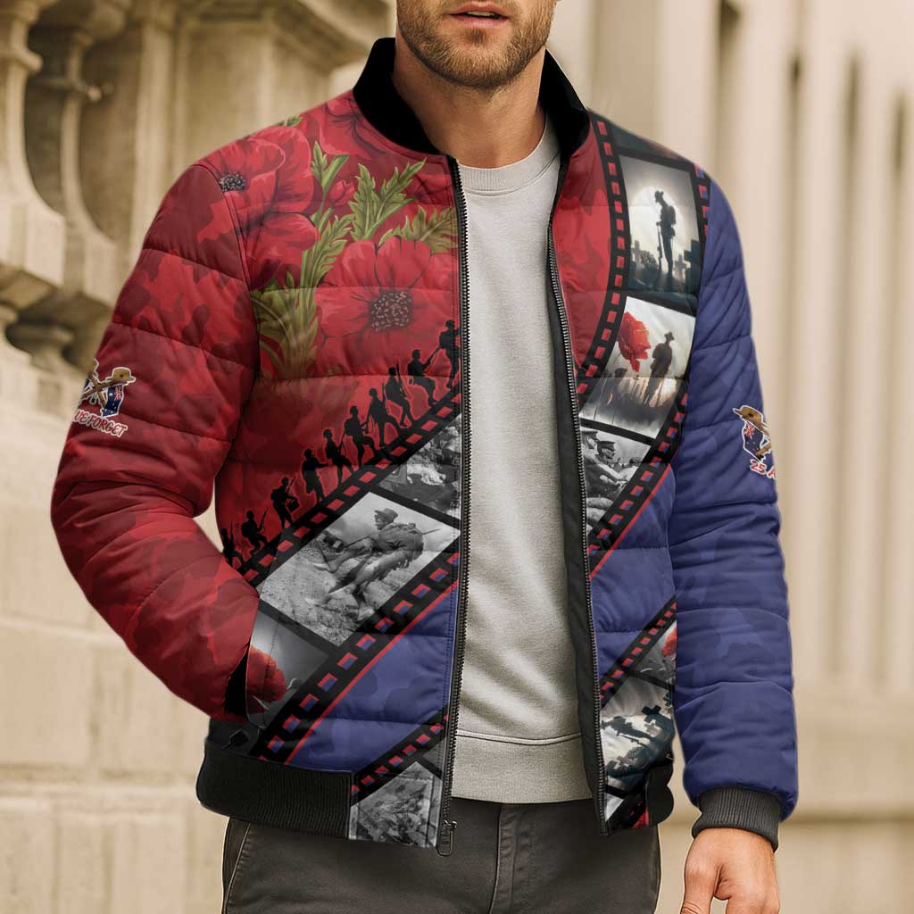 Personalised ANZAC Spirit 1915-2026 Filmstrip Tribute Bomber Puffer Jacket Lest We Forget 25 April