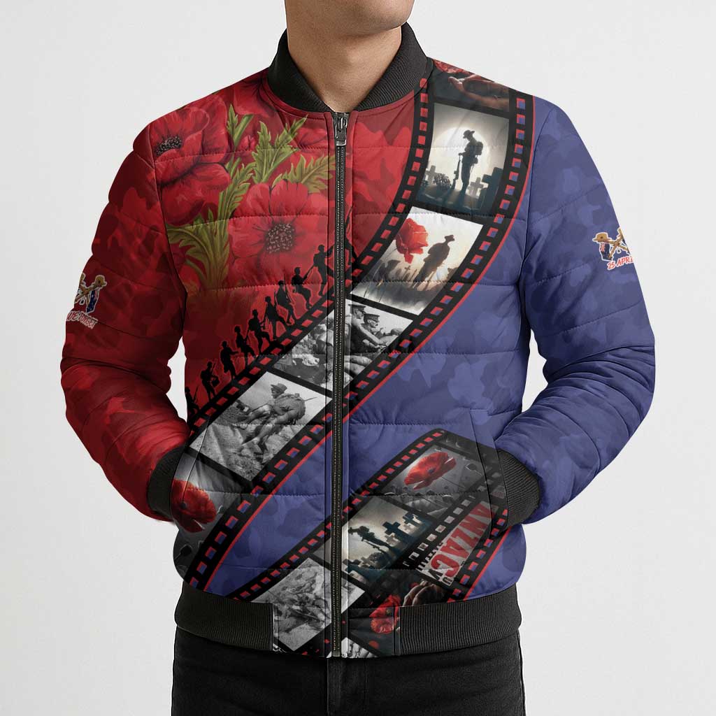 Personalised ANZAC Spirit 1915-2026 Filmstrip Tribute Bomber Puffer Jacket Lest We Forget 25 April