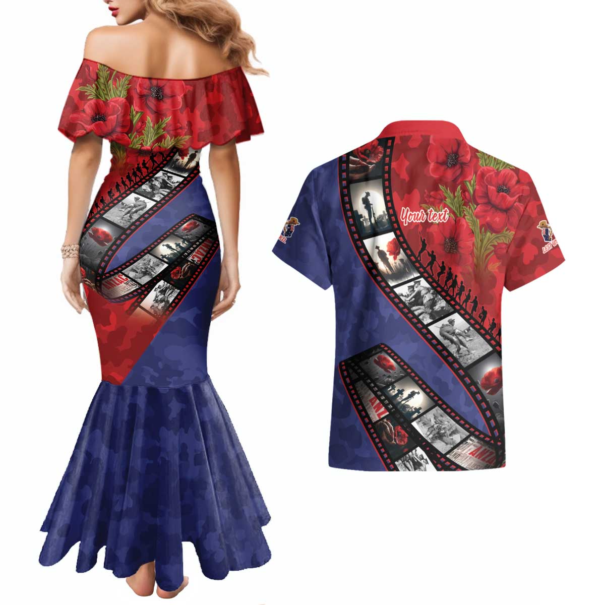Personalised ANZAC Spirit 1915-2026 Filmstrip Tribute Couples Matching Mermaid Dress and Hawaiian Shirt Lest We Forget 25 April LT9 - Polynesian Pride