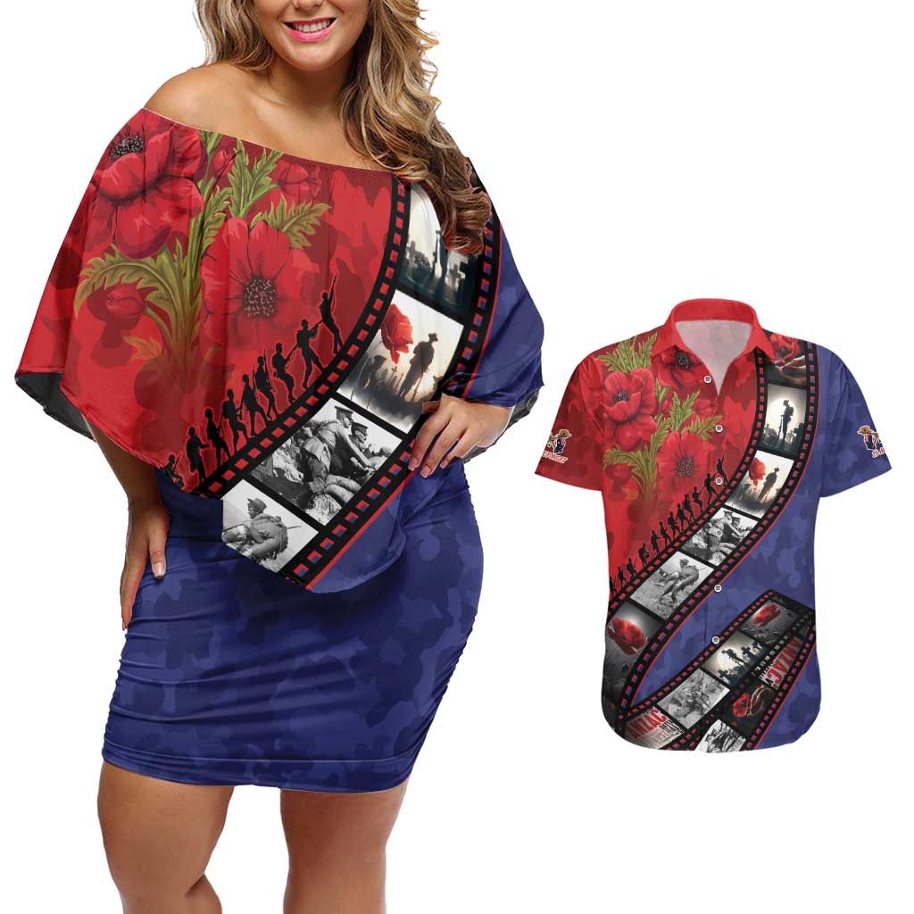 Personalised ANZAC Spirit 1915-2026 Filmstrip Tribute Couples Matching Off Shoulder Short Dress and Hawaiian Shirt Lest We Forget 25 April