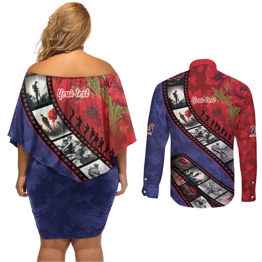 Personalised ANZAC Spirit 1915-2026 Filmstrip Tribute Couples Matching Off Shoulder Short Dress and Long Sleeve Button Shirt Lest We Forget 25 April