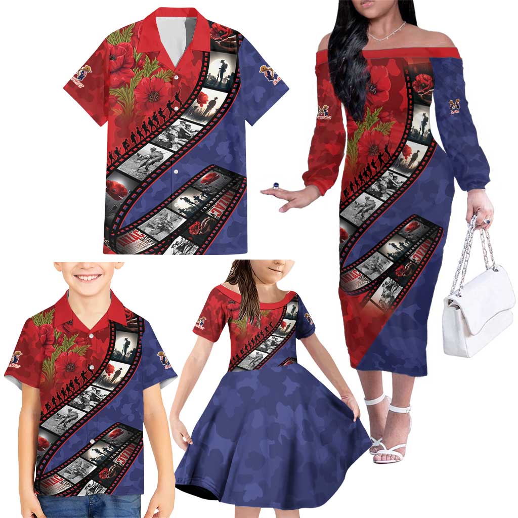 Personalised ANZAC Spirit 1915-2026 Filmstrip Tribute Family Matching Off The Shoulder Long Sleeve Dress and Hawaiian Shirt Lest We Forget 25 April LT9 - Polynesian Pride