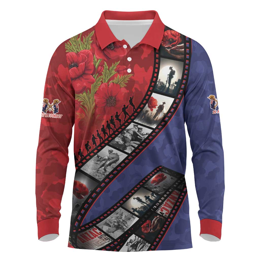 Personalised ANZAC Spirit 1915-2026 Filmstrip Tribute Long Sleeve Polo Shirt Lest We Forget 25 April