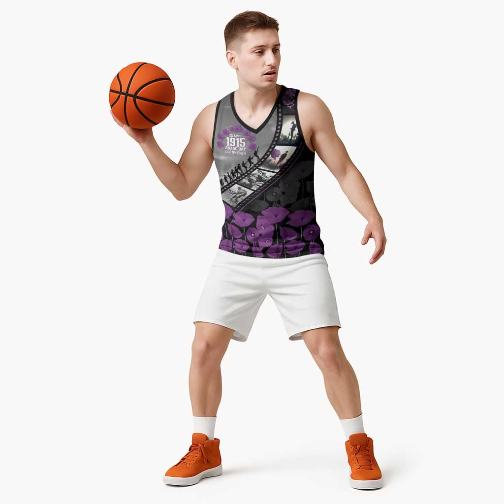 Personalised Remembering ANZAC Lest We Forget Basketball Jersey Vintage Film Frame Memorial Purple Poppy