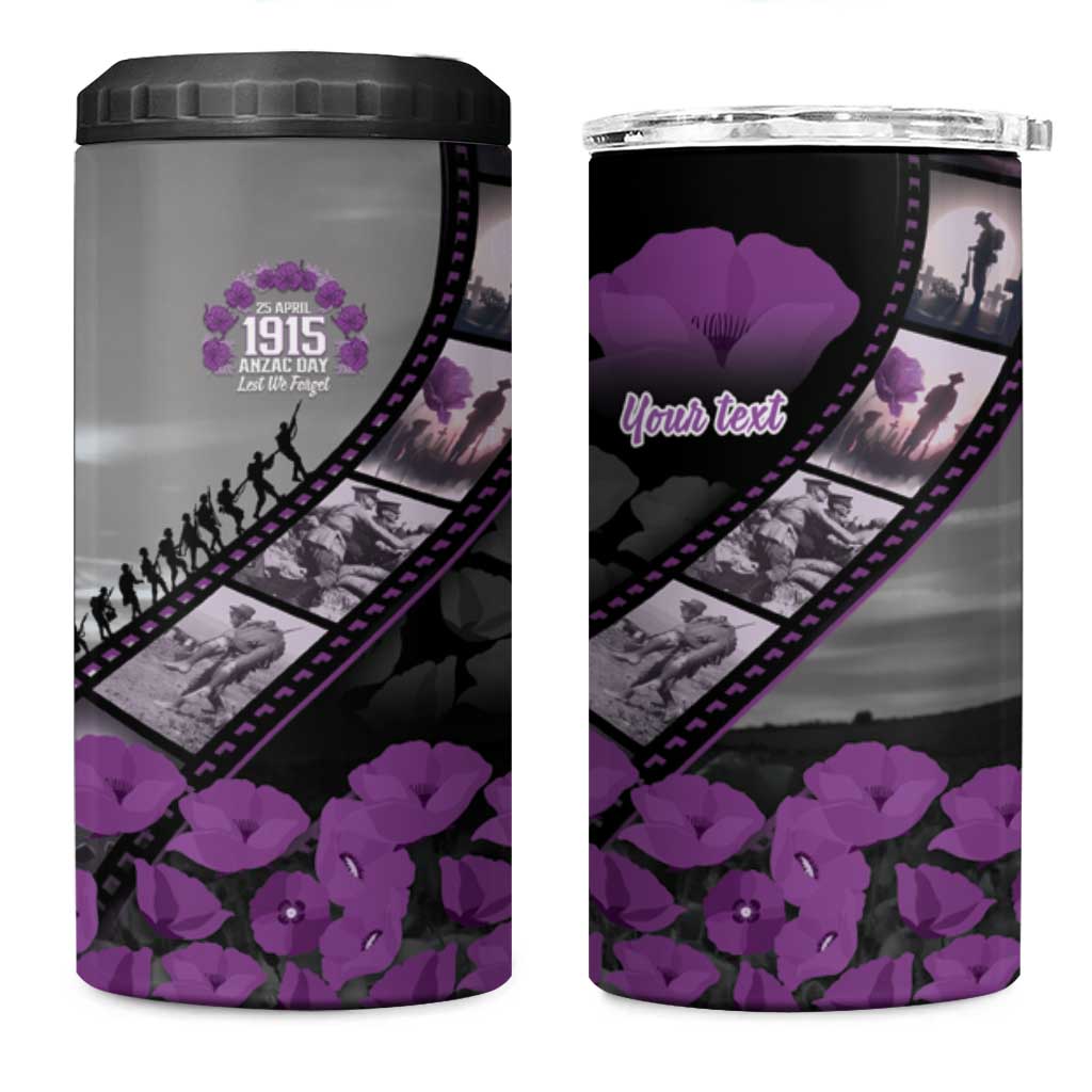 Personalised Remembering ANZAC Lest We Forget 4 in 1 Can Cooler Tumbler Vintage Film Frame Memorial Purple Poppy