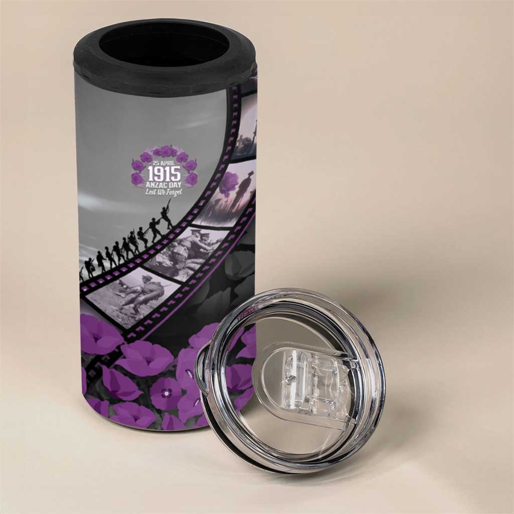 Personalised Remembering ANZAC Lest We Forget 4 in 1 Can Cooler Tumbler Vintage Film Frame Memorial Purple Poppy