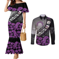 Personalised Remembering ANZAC Lest We Forget Couples Matching Mermaid Dress and Long Sleeve Button Shirt Vintage Film Frame Memorial Purple Poppy LT9 Purple - Polynesian Pride