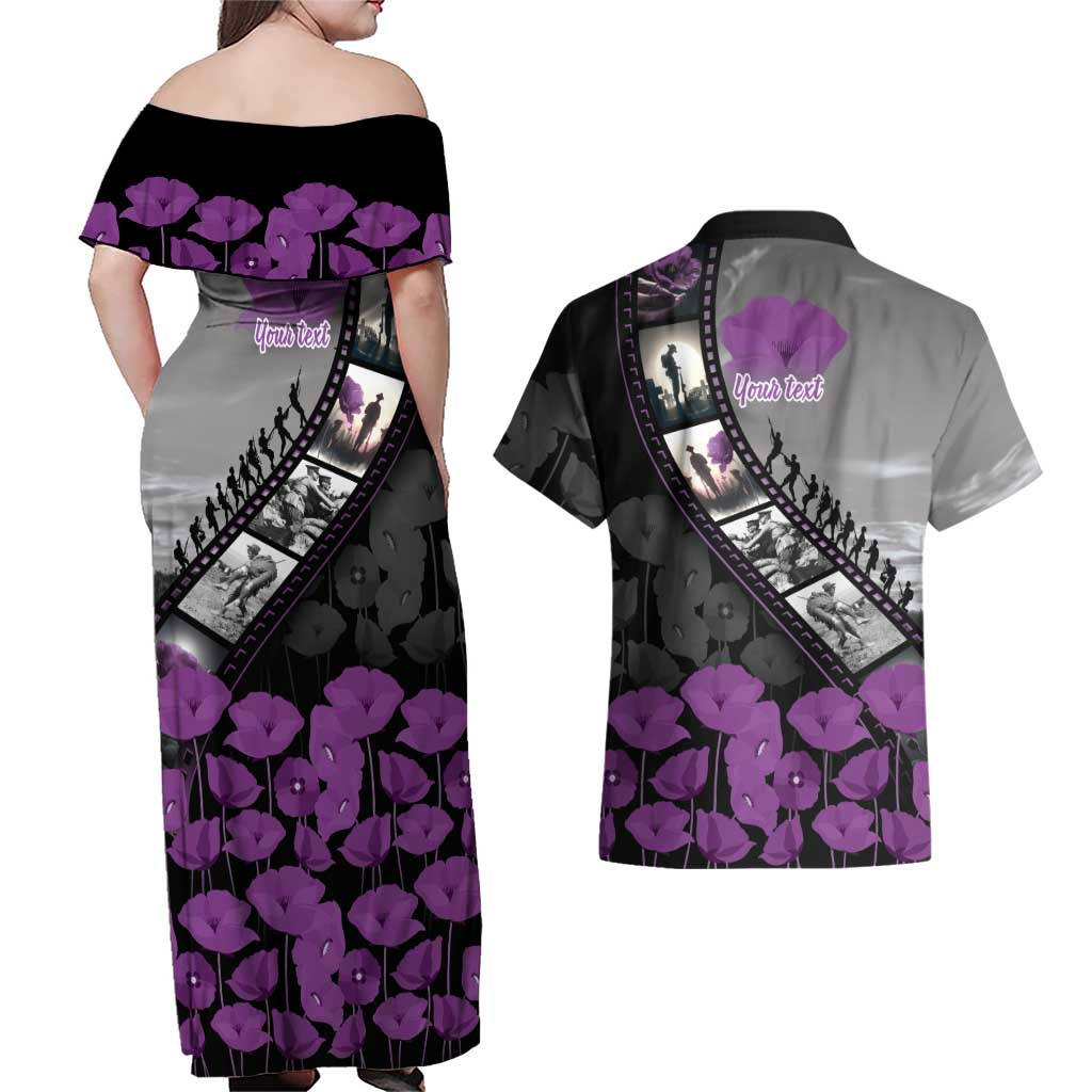 Personalised Remembering ANZAC Lest We Forget Couples Matching Off Shoulder Maxi Dress and Hawaiian Shirt Vintage Film Frame Memorial Purple Poppy LT9 - Polynesian Pride