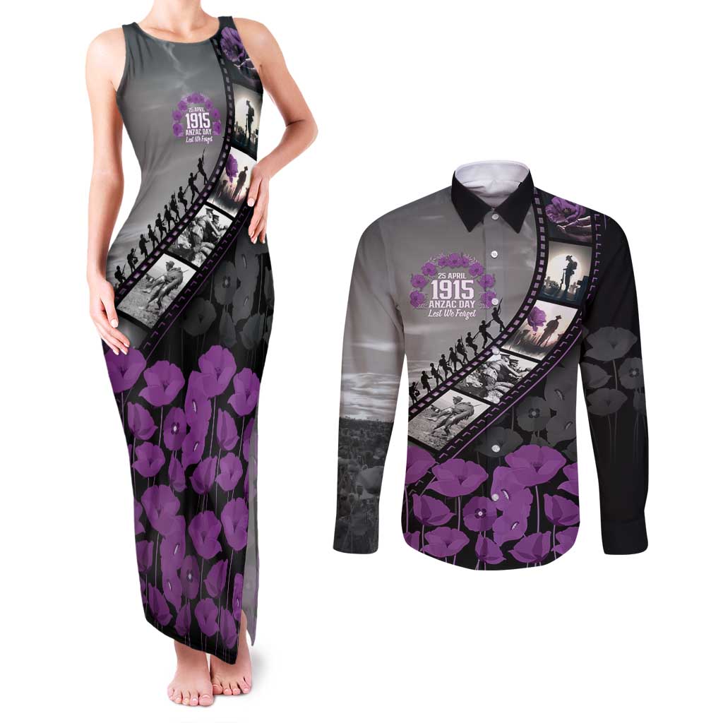 Personalised Remembering ANZAC Lest We Forget Couples Matching Tank Maxi Dress and Long Sleeve Button Shirt Vintage Film Frame Memorial Purple Poppy