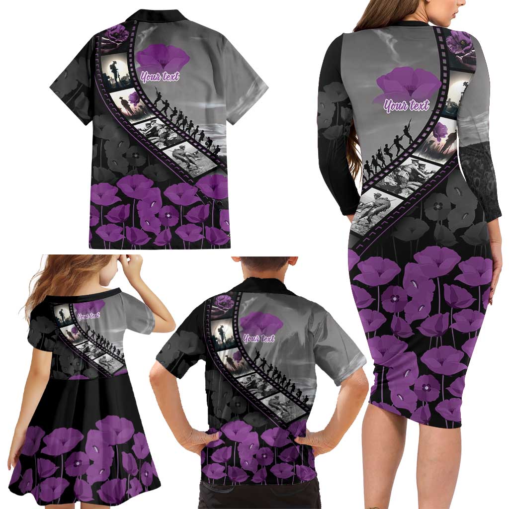 Personalised Remembering ANZAC Lest We Forget Family Matching Long Sleeve Bodycon Dress and Hawaiian Shirt Vintage Film Frame Memorial Purple Poppy LT9 - Polynesian Pride