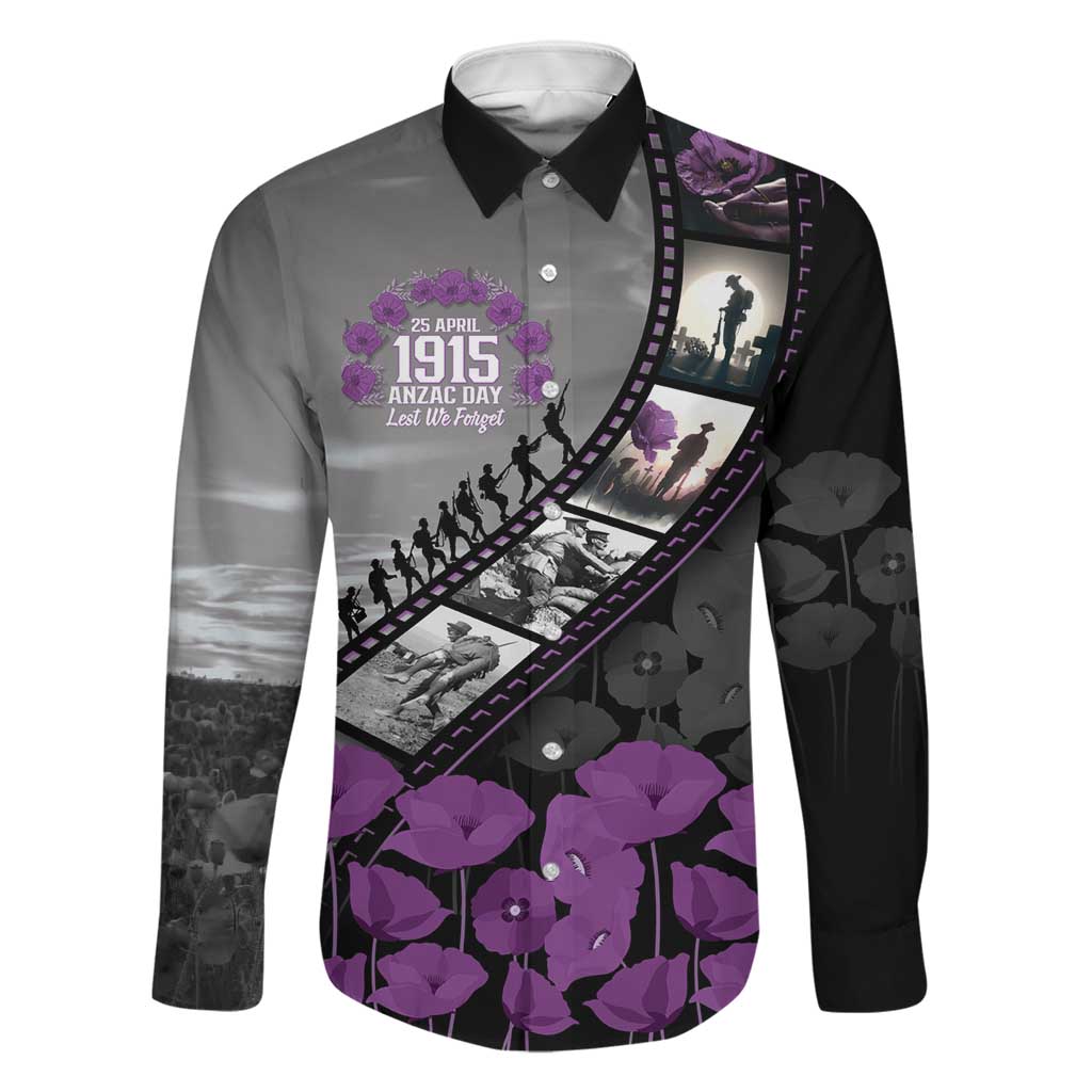 Personalised Remembering ANZAC Lest We Forget Family Matching Long Sleeve Bodycon Dress and Hawaiian Shirt Vintage Film Frame Memorial Purple Poppy LT9 Dad's Shirt - Long Sleeve Purple - Polynesian Pride