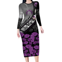Personalised Remembering ANZAC Lest We Forget Family Matching Long Sleeve Bodycon Dress and Hawaiian Shirt Vintage Film Frame Memorial Purple Poppy LT9 Mom's Dress Purple - Polynesian Pride