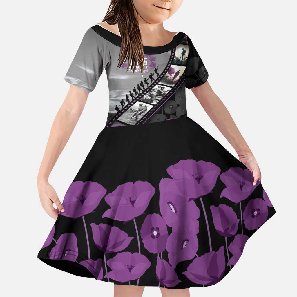 Personalised Remembering ANZAC Lest We Forget Family Matching Mermaid Dress and Hawaiian Shirt Vintage Film Frame Memorial Purple Poppy LT9 Daughter's Dress Purple - Polynesian Pride