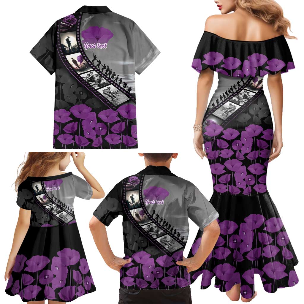 Personalised Remembering ANZAC Lest We Forget Family Matching Mermaid Dress and Hawaiian Shirt Vintage Film Frame Memorial Purple Poppy LT9 - Polynesian Pride