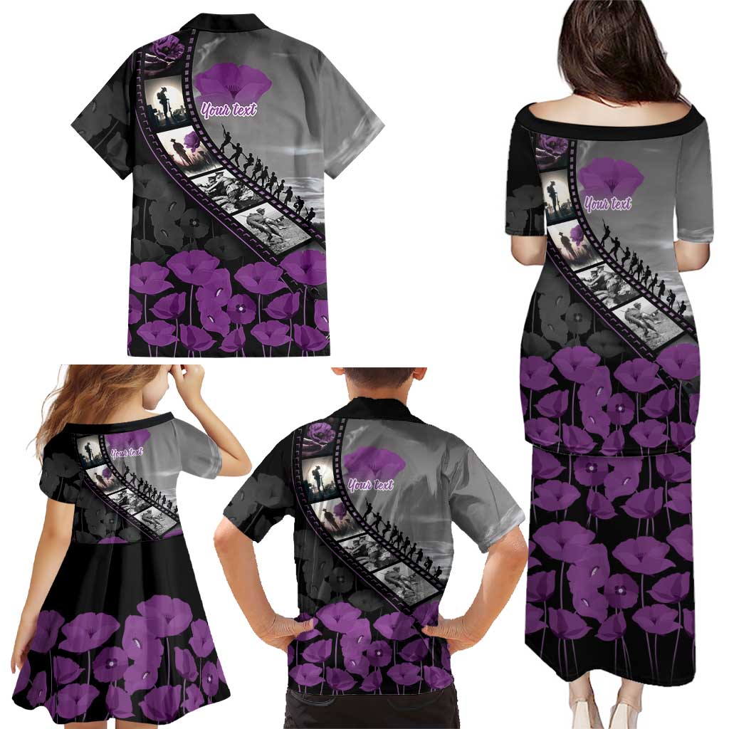 Personalised Remembering ANZAC Lest We Forget Family Matching Puletasi and Hawaiian Shirt Vintage Film Frame Memorial Purple Poppy LT9 - Polynesian Pride