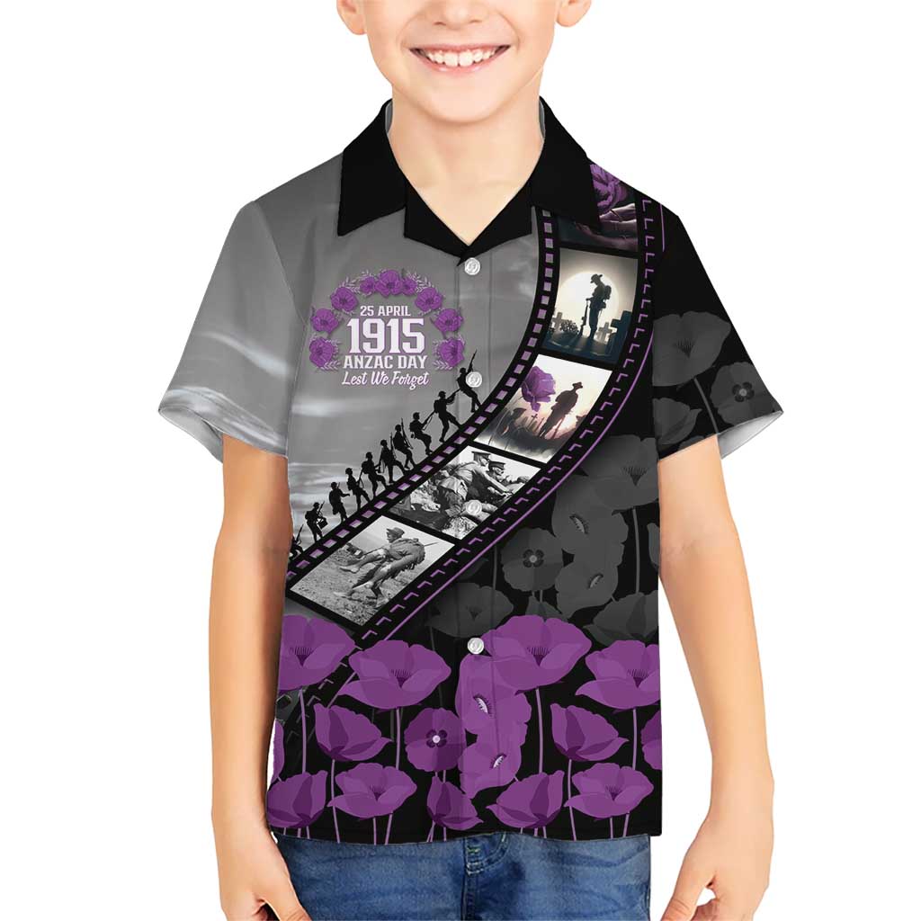 Personalised Remembering ANZAC Lest We Forget Kid Hawaiian Shirt Vintage Film Frame Memorial Purple Poppy LT9 Kid Purple - Polynesian Pride