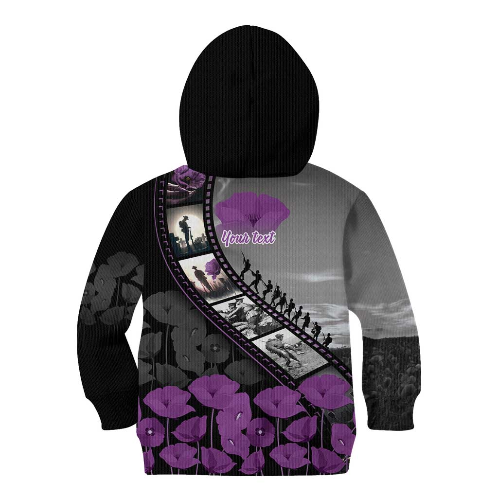 Personalised Remembering ANZAC Lest We Forget Kid Hoodie Vintage Film Frame Memorial Purple Poppy LT9 - Polynesian Pride