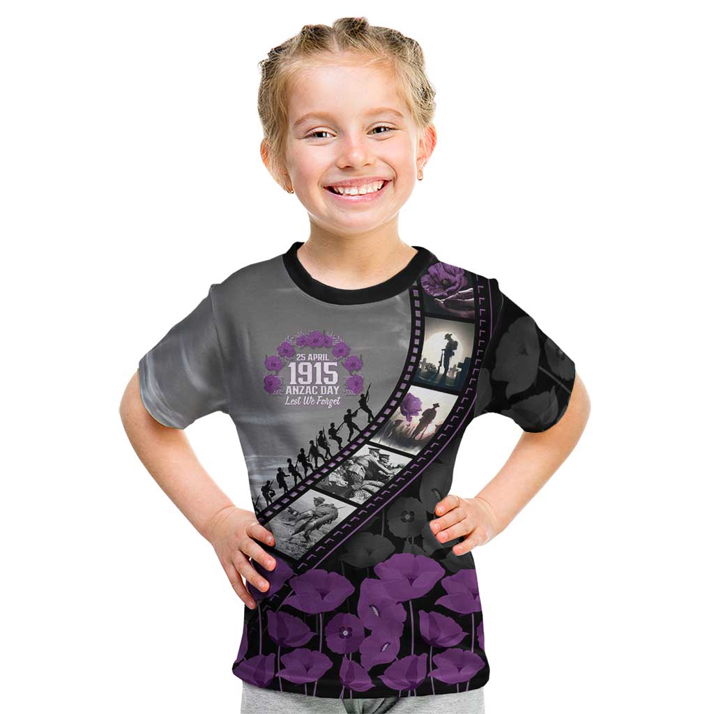 Personalised Remembering ANZAC Lest We Forget Kid T Shirt Vintage Film Frame Memorial Purple Poppy