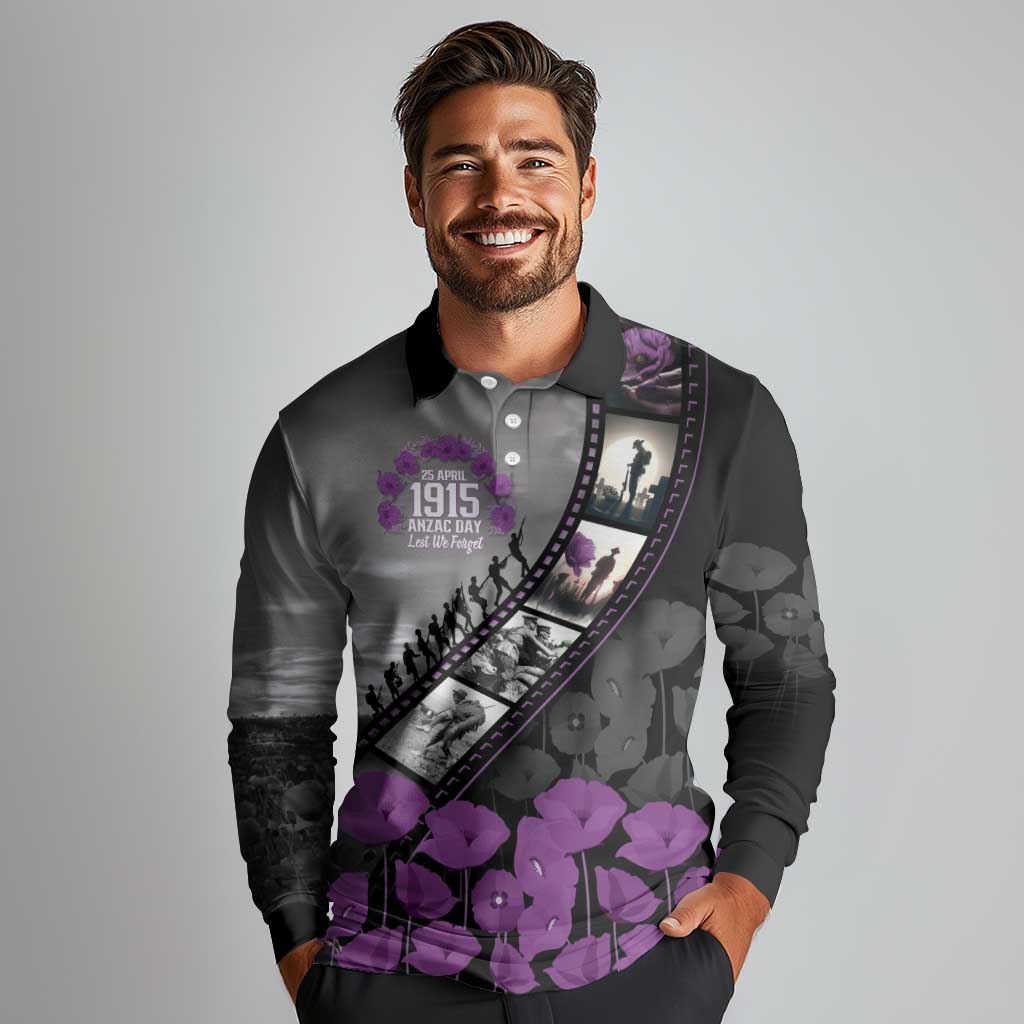 Personalised Remembering ANZAC Lest We Forget Long Sleeve Polo Shirt Vintage Film Frame Memorial Purple Poppy LT9 - Polynesian Pride