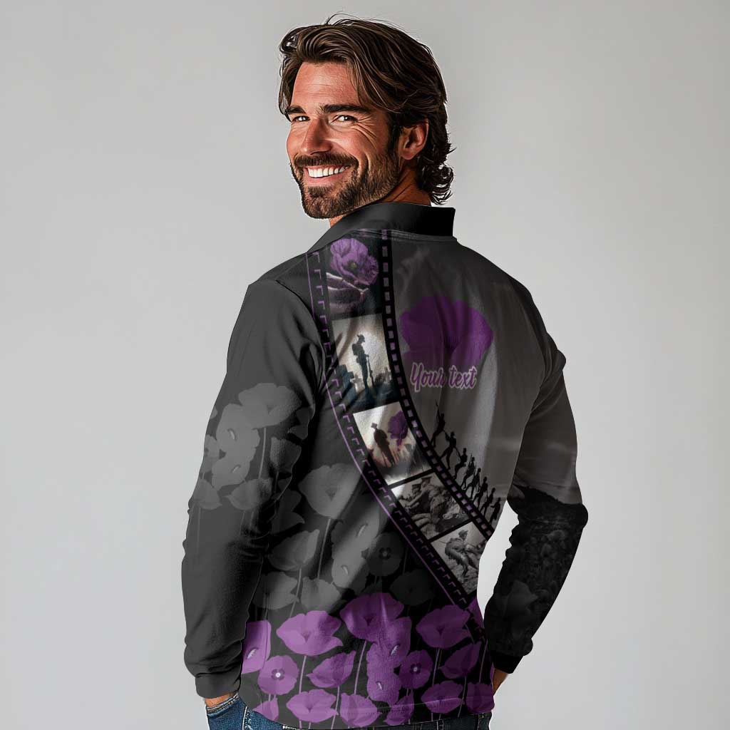 Personalised Remembering ANZAC Lest We Forget Long Sleeve Polo Shirt Vintage Film Frame Memorial Purple Poppy LT9 - Polynesian Pride