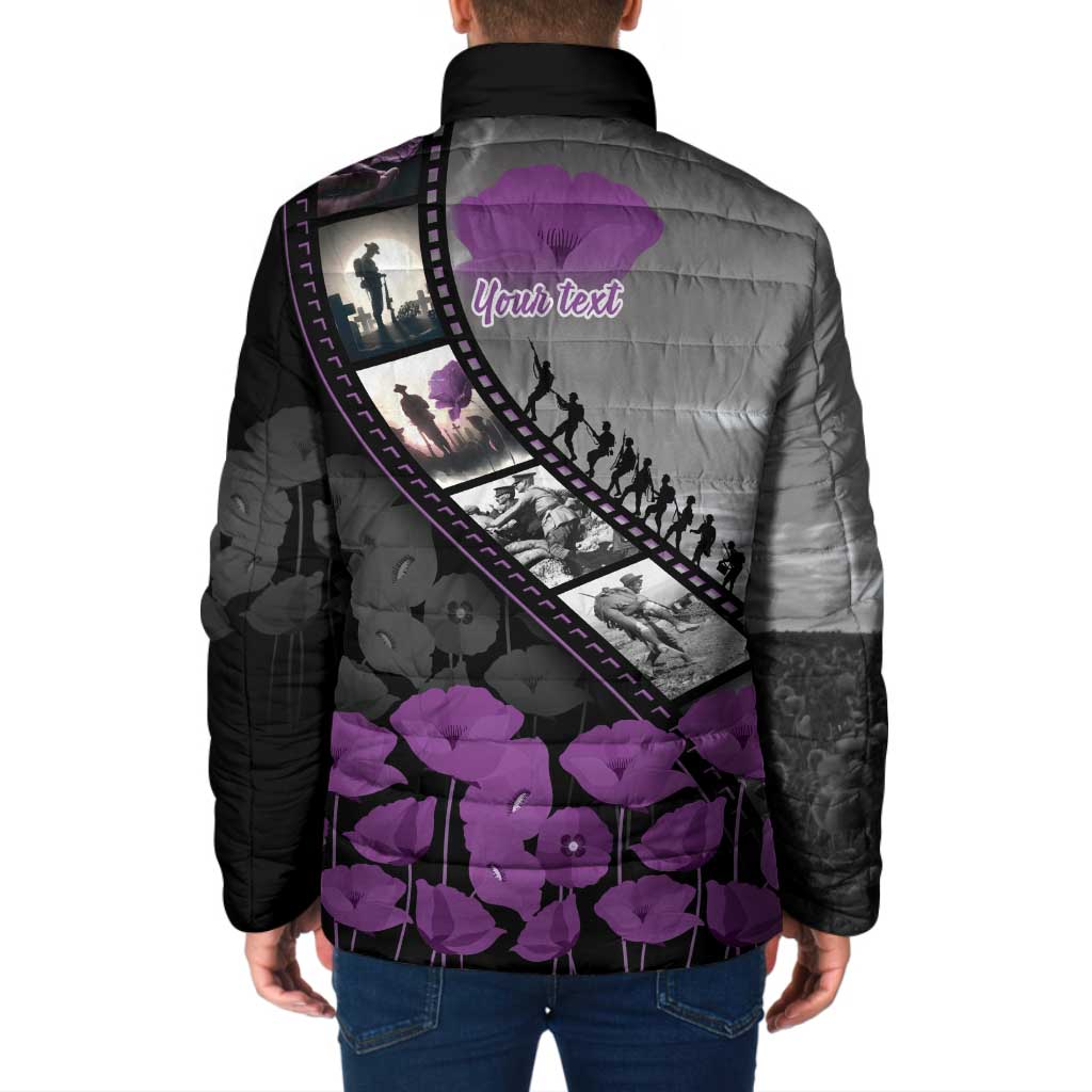 Personalised Remembering ANZAC Lest We Forget Padded Jacket Vintage Film Frame Memorial Purple Poppy