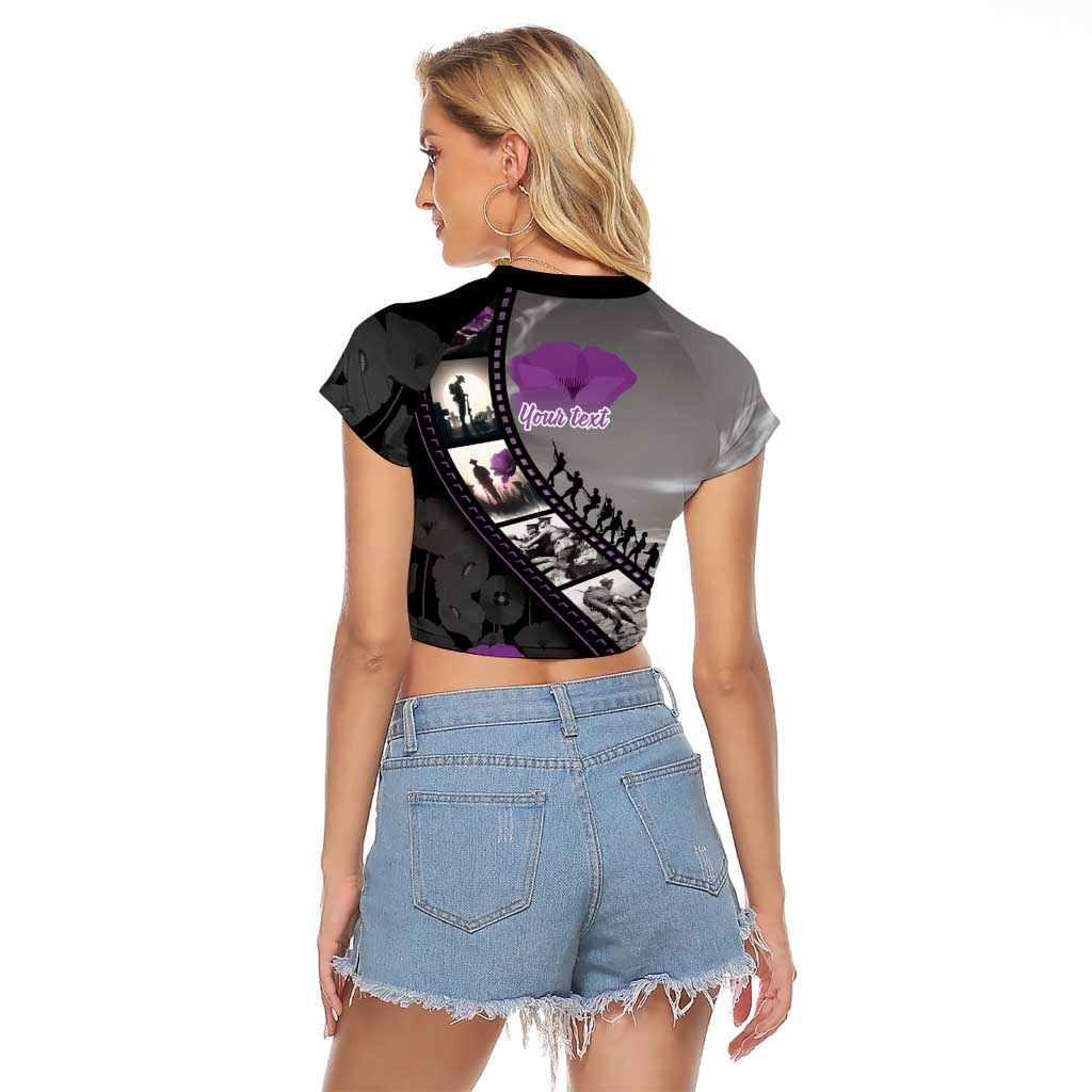 Personalised Remembering ANZAC Lest We Forget Raglan Cropped T Shirt Vintage Film Frame Memorial Purple Poppy LT9 - Polynesian Pride