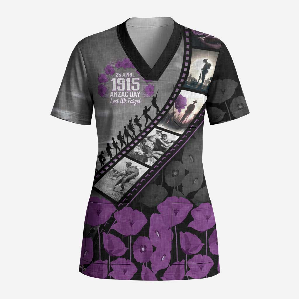 Personalised Remembering ANZAC Lest We Forget Scrub Top Vintage Film Frame Memorial Purple Poppy LT9 Adult Purple - Polynesian Pride